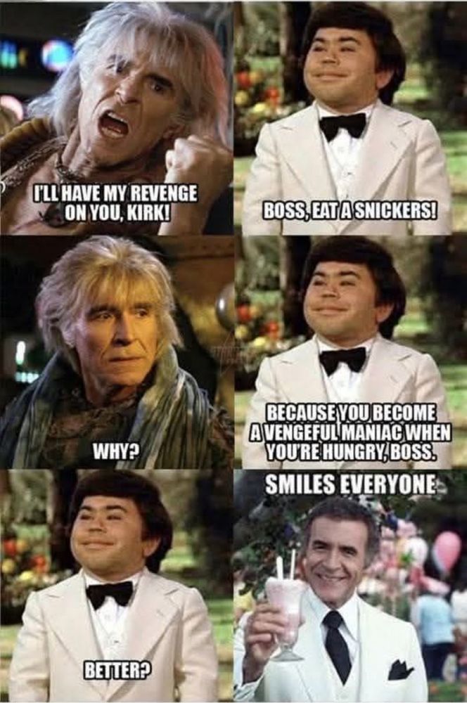 A humorous meme featuring four panels with quotes. The top two panels show a character expressing a desire for revenge and another questioning why. The bottom two panels involve a character in a tuxedo suggesting to eat Snickers bars to avoid becoming angry and end with a character smiling while sipping a drink.