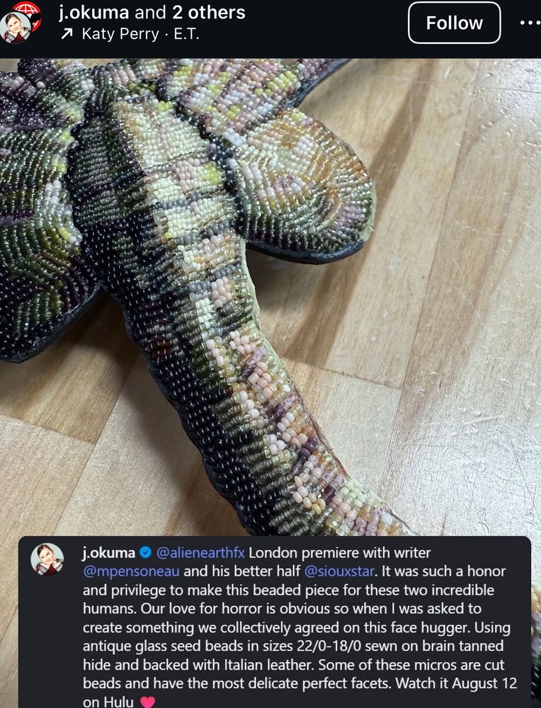 Another close up shot of the beaded facehugger with an instagram caption by the designer Jamie Okuma