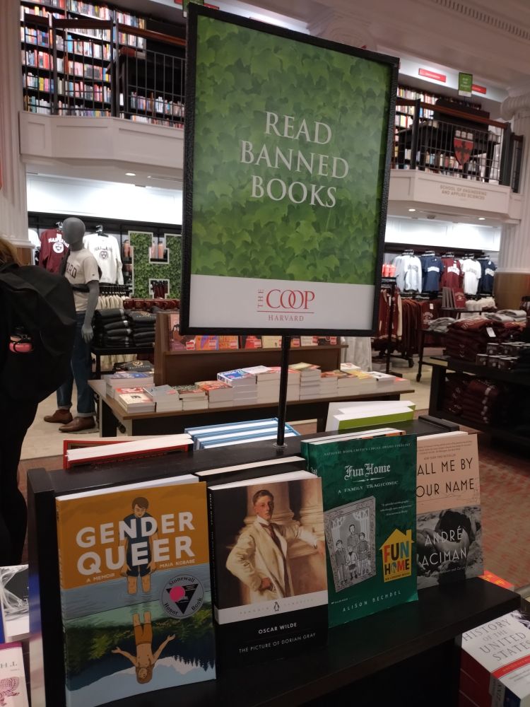 Read Banned Books section at a book store with books like the comic Gender Queer that was banned from public libraries.