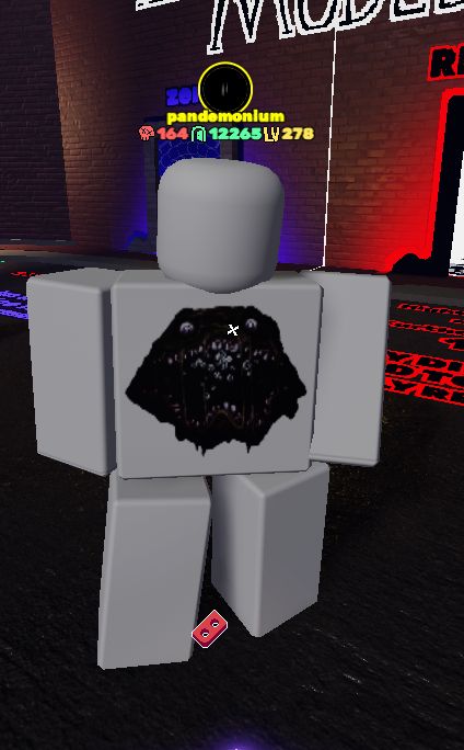 Screenshot from the Roblox game GRACE, made by the group The Fartering Few.  The camera is in the lobby, in front of the Zen and Reprieve gamemode doors, and is focused on a single player named "pandemonium" in all lowercase.  Their avatar is completely grey, save for a T-shirt of Pandemonium, a hostile creature from a similar type of Roblox game, Pressure.