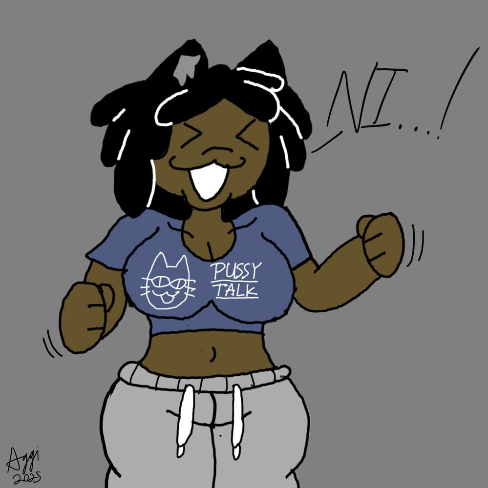 Neco Arc as a black woman saying “NI…!” Her shirt reads “pussy talk” accompanied with an image of a simpler cat