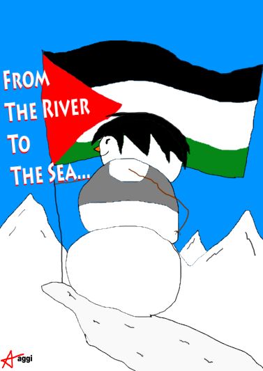 An image of Nora, a snowgirl, standing on top of a snowy mountain holding a giant Palestine flag. The white text reads: “FROM THE RIVER TO THE SEA…”