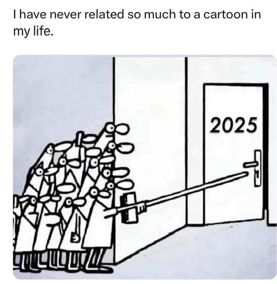 A group of people very carefully opening the door from afar with a broomstick to a room that says "2025" on the door 