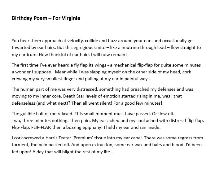 Birthday Poem – For Virginia

You hear them approach at velocity, collide and buzz around your ears and occasionally get thwarted by ear hairs. But this egregious smite – like a neutrino through lead – flew straight to my eardrum. How thankful of ear hairs I will now remain!
The first time I’ve ever heard a fly flap its wings - a mechanical flip-flap for quite some minutes – a wonder I suppose!  Meanwhile I was slapping myself on the other side of my head, cork crewing my very smallest finger and pulling at my ear in painful ways.
The human part of me was very distressed, something had breached my defenses and was moving to my inner core. Death Star levels of emotion started rising in me, was I that defenseless (and what next)? Then all went silent! For a good few minutes!
The gullible half of me relaxed. This small moment must have passed. Or flew off.                     Two, three minutes nothing. Then pain. My ear ached and my soul ached with distress! flip-flap, Flip-Flap, FLIP-FLAP, then a buzzing epiphany! I held my ear and ran inside.
I cork-screwed a Harris Teeter ‘Premium’ tissue into my ear canal. There was some regress from torment, the pain backed off. And upon extraction, some ear wax and hairs and blood. I’d been fed upon! A day that will blight the rest of my life...











