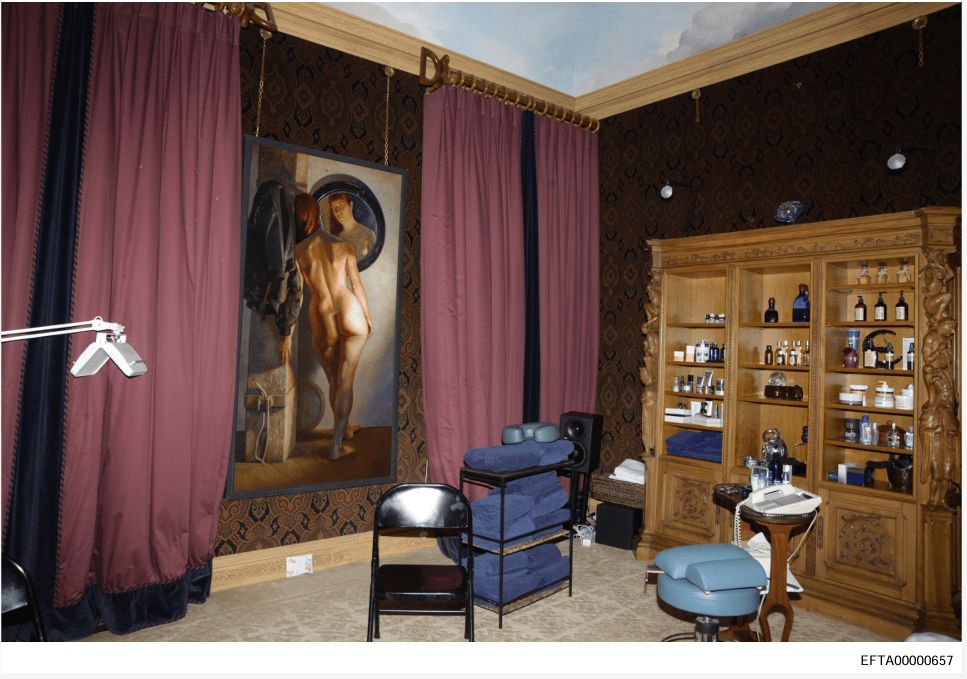 Busy, elaborate brown and black wallpaper over very light beige tile with extremely thick, intrusive burgundy curtains and a very creepy Realist painting of a somber nude woman. The furniture in the room is completely haphazard. A wood dresser with elaborate sides of figures from a Heironymous Bosch painting, except cheaply made, and old shoddy finish that doesn't match any other earth tone in the room. On the dresser are various lotions and such. Also in the room is a cheap rack with many blue fluffy towels, a cheap folding chair and other cheap furniture, none of which match each other. The photo is bates labeled EFTA00000657