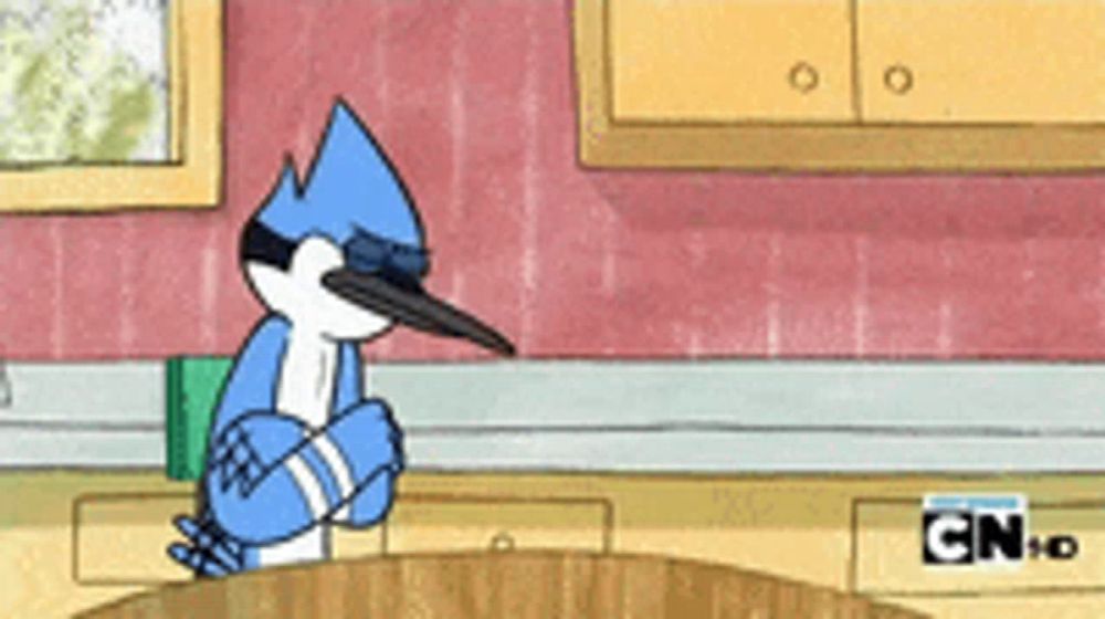 a cartoon of a blue bird sitting at a table with cn on the bottom right