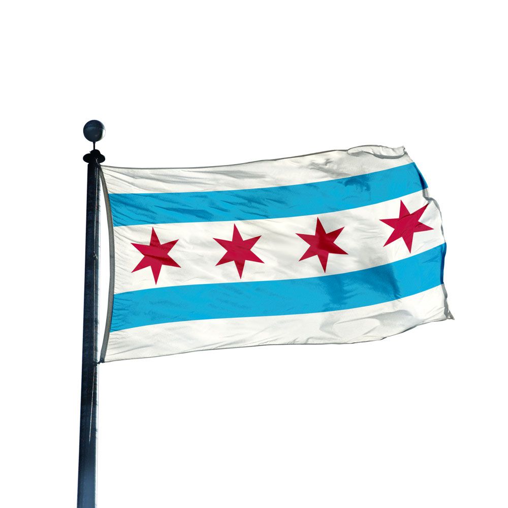 A flag with white and blue stripes with four red 6-point stars in the center. The flag of chicago