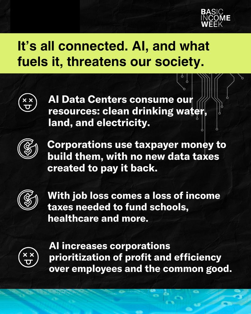 Logo in top right corner. Header: It's all connected. AI, and what fuels it, threatens our society. Body text says: AI Data Centers consume our resources: clean drinking water, land, and electricity. Corporations use taxpayer money to build them, with no new data taxes created to pay it back. With job loss comes a loss of income taxes needed to fund schools, healthcare and more. AI increases corporations prioritization of profit and efficiency over employees and the common good. 