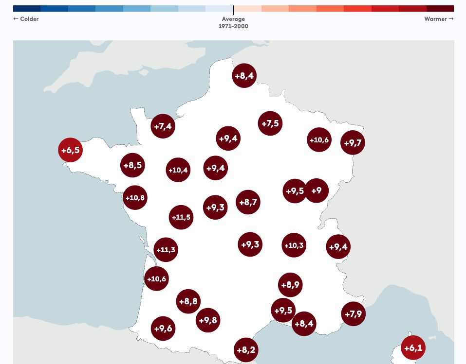 Map of temperature anomalies in France