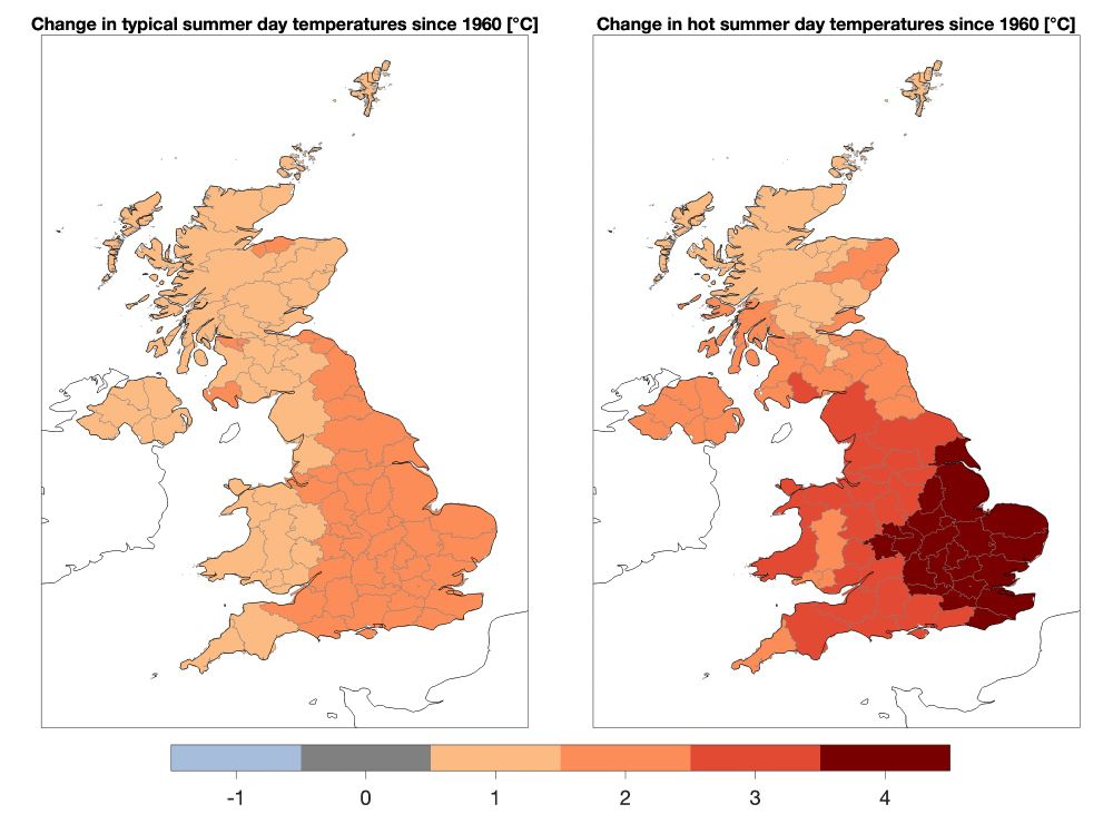 Maps showing warming for each UK county for typical summer days (left) and hottest days (right), with darker reds and faster warming for the hottest days especially in south-east England.