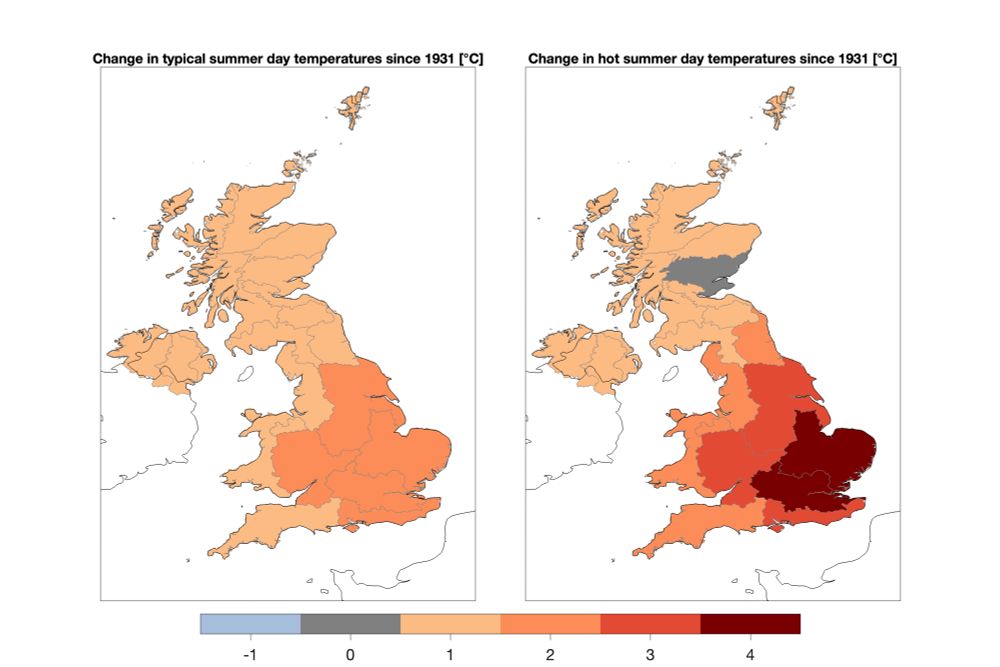UK maps showing changes in temperatures for typical summer days and hot summer days.