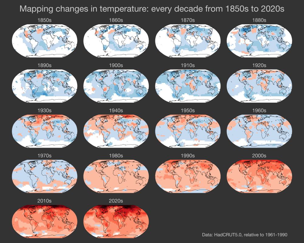 18 maps showing decadal average temperature changes since 1850 to present, getting redder in recent decades