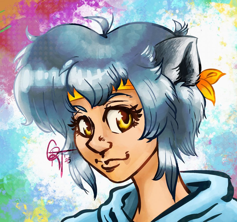 Digital art painting of vtuber Skylarka. She is facing the viewer in a 3/4 view. The portrait is covered in an array of rainbow colors. This was a lot of fun to draw.