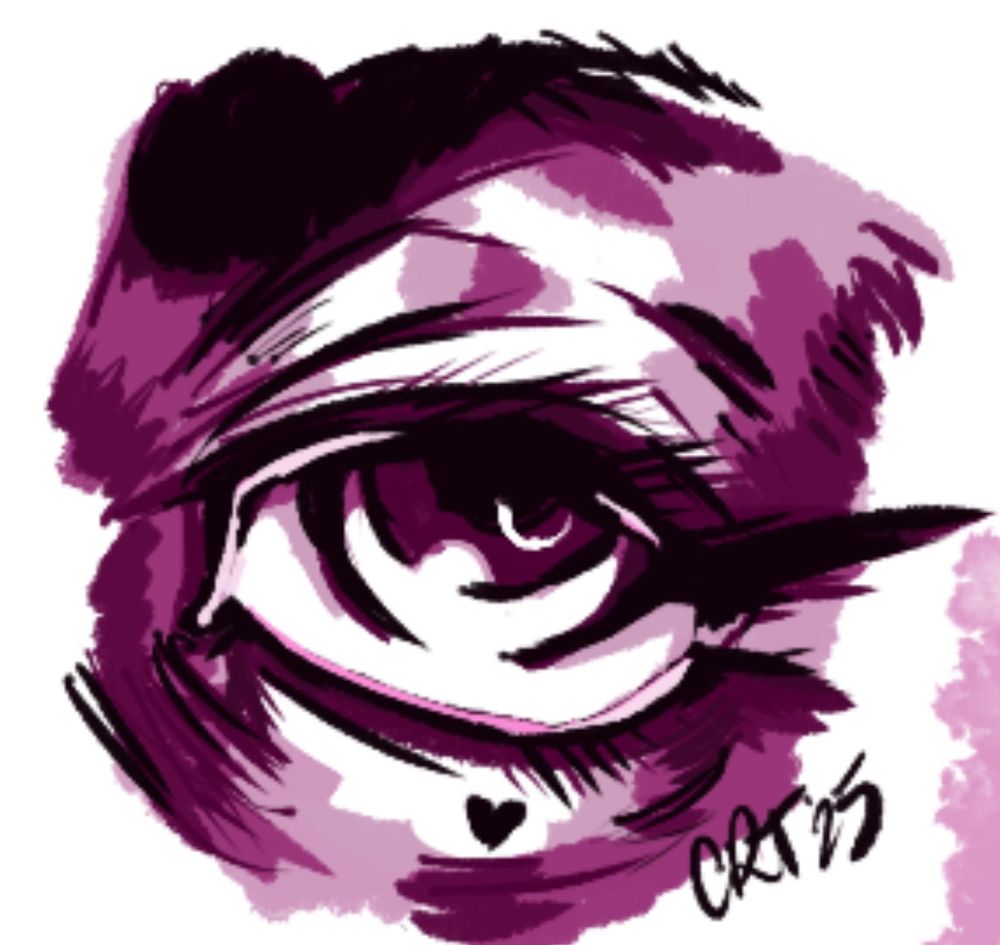 Digital painting of an eye looking up and to thr right. It is painted Monochromaticly in shades of pink and purple.