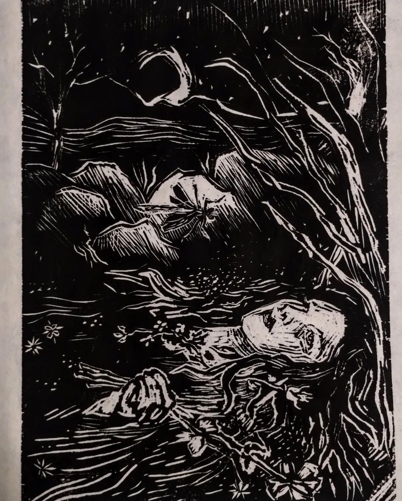 Woodcut print of a drowned Ophelia under a night sky clutching a flower 