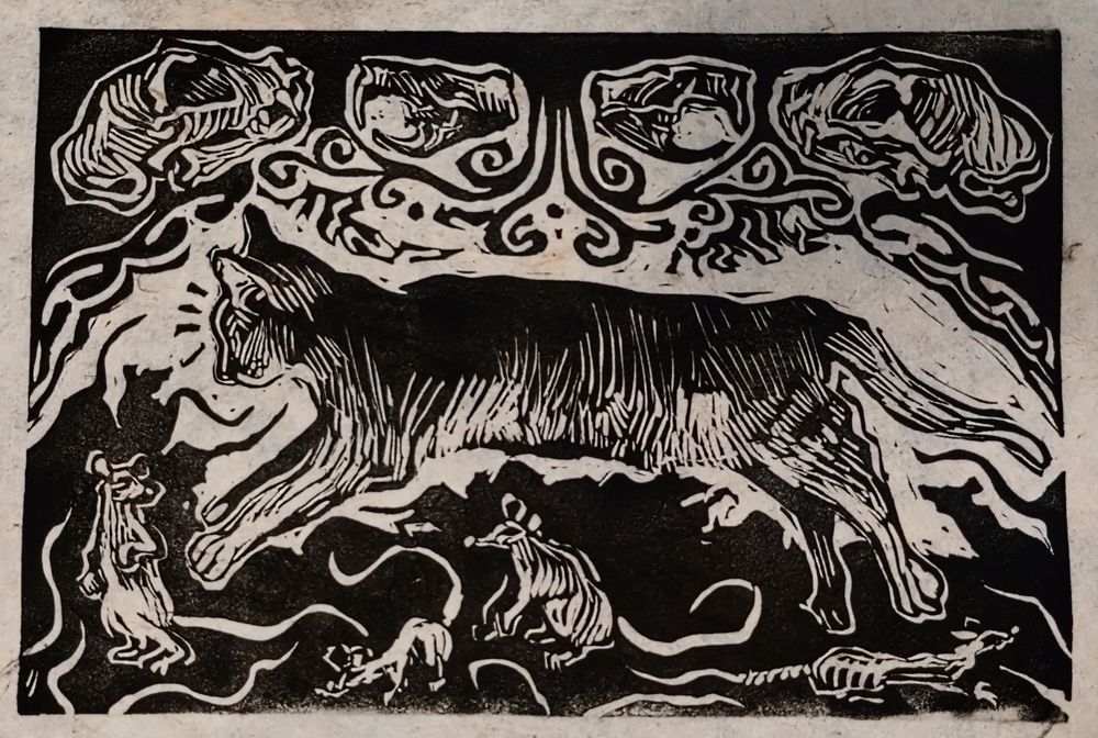 Linocut print of a cat leaping among rats with the skulls of each animal adorning the upper border