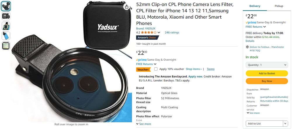 Close-up of a 52mm clip-on CPL phone camera lens filter, with a textured clip and branded carrying case. Product page on Amazon displaying price, details, and purchase options.