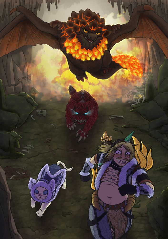 Mis personajes Paolo y Sergei versión cazadores del Monster Hunter, huyendo de Odogaron y Bazel