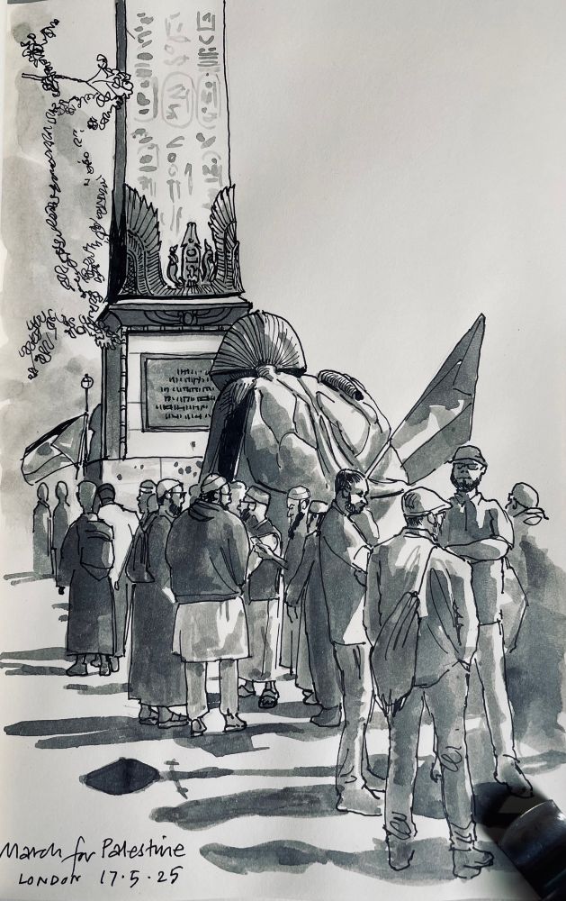 Mono pen and ink drawing in a sketchbook showing a group of Muslim men with Palestinian flags talking. They are stood next to an Egyptian Needle monument and the back of a sphinx statue is visible between the monument and the group of men. 