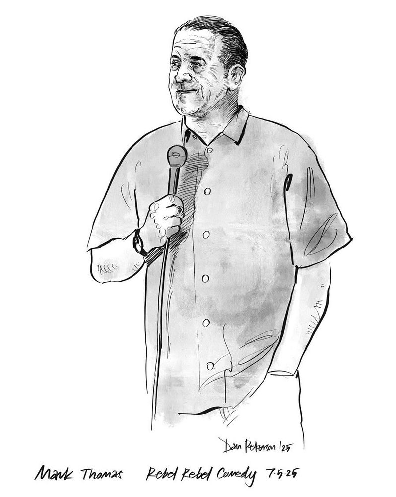 A pen and ink drawing of Mark Thomas, comedian with a microphone and his hand in his pocket