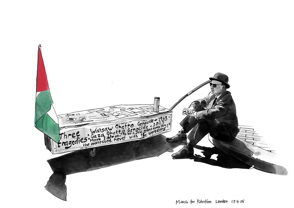 Man in bowler hat and sunglasses in a suit sits on curb next to a coffin on wheels with writing on it about historical tragedies and a Palestinian flag on one end and a handle for pulling the coffin on the other. Mono pen and ink drawing with flag picked out in red and green colour. 