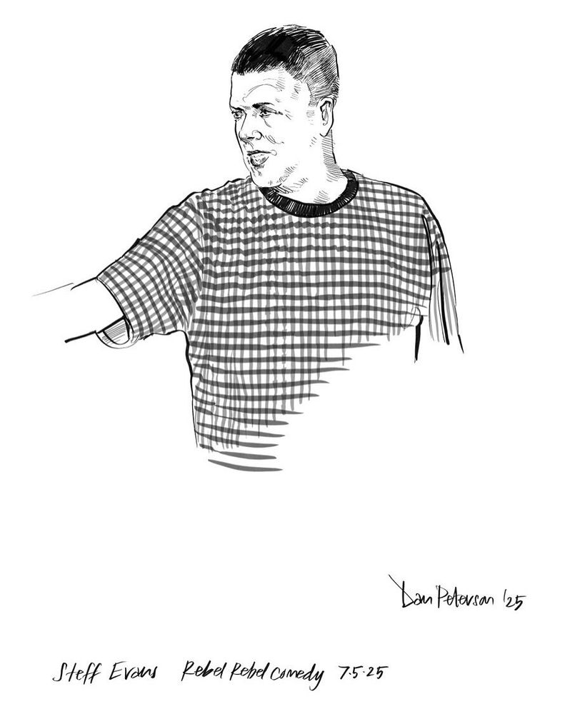 A pen and ink drawing of Steff Evans , comedian. 