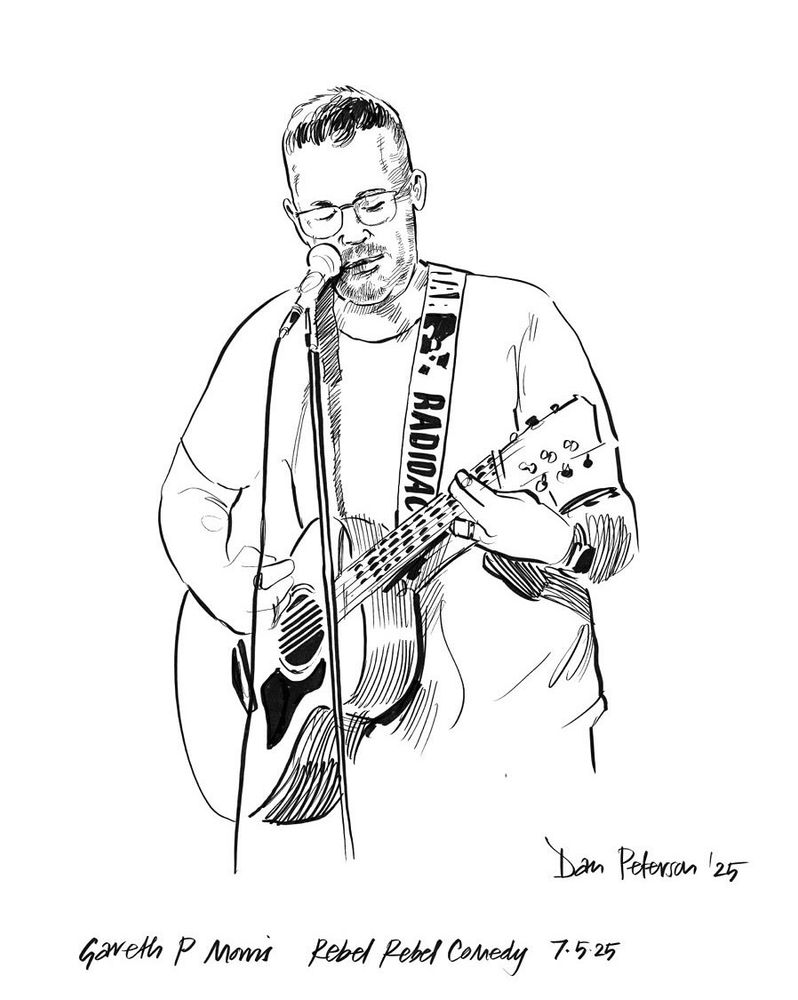 A pen and ink drawing of Gareth P Morris, comedian, playing a guitar