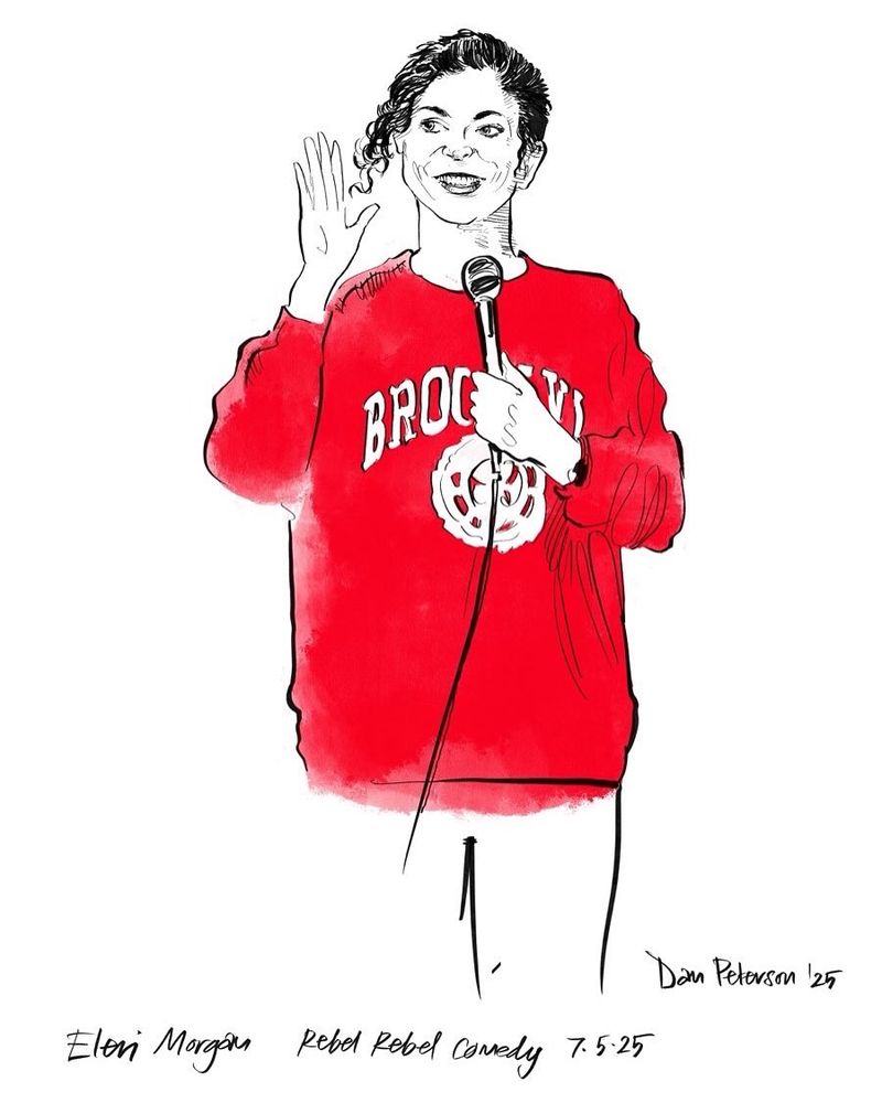 A pen and ink drawing if Eleri Morgan, Comedian, in a red top