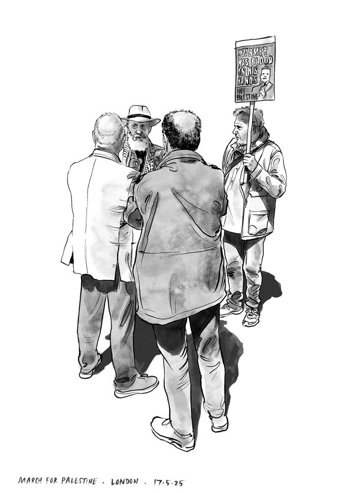 Press people with camera interview older man with white beard with man holding protest banner next to them. Sunny day with shadows. Mono drawing. 