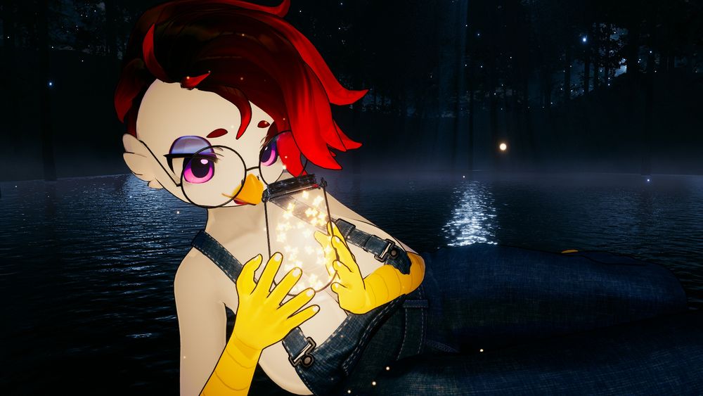 Monica the bird girl holding a lantern full of stars at night