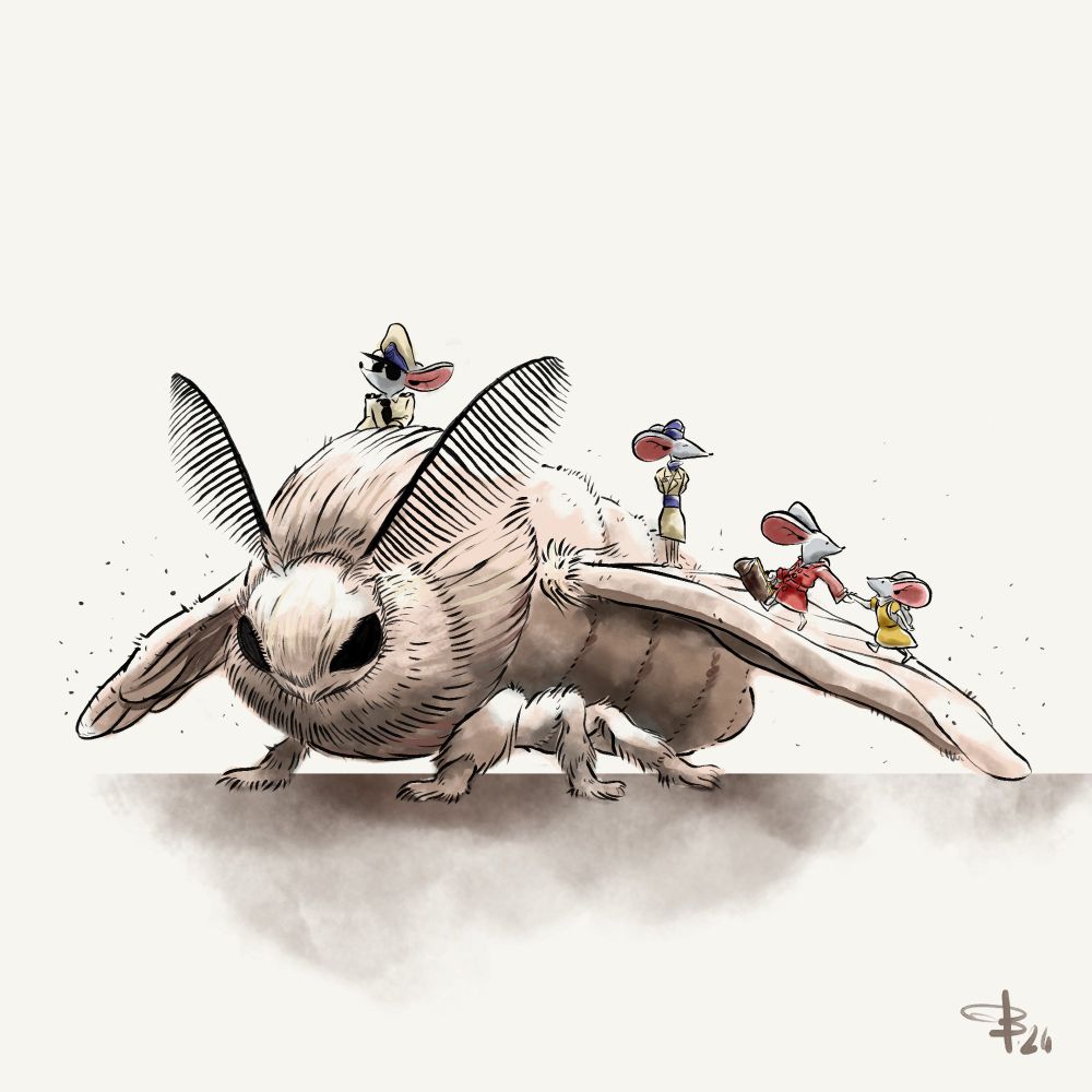 Maman souris et sa fille monte à bord d'un papillon de nuit avant le decollage