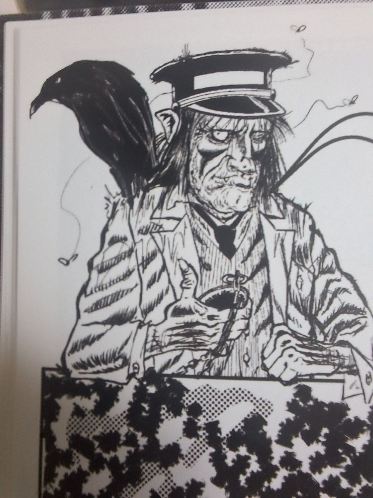 Comic drawing of a spooky train conductor with a crow on his shoulder. 