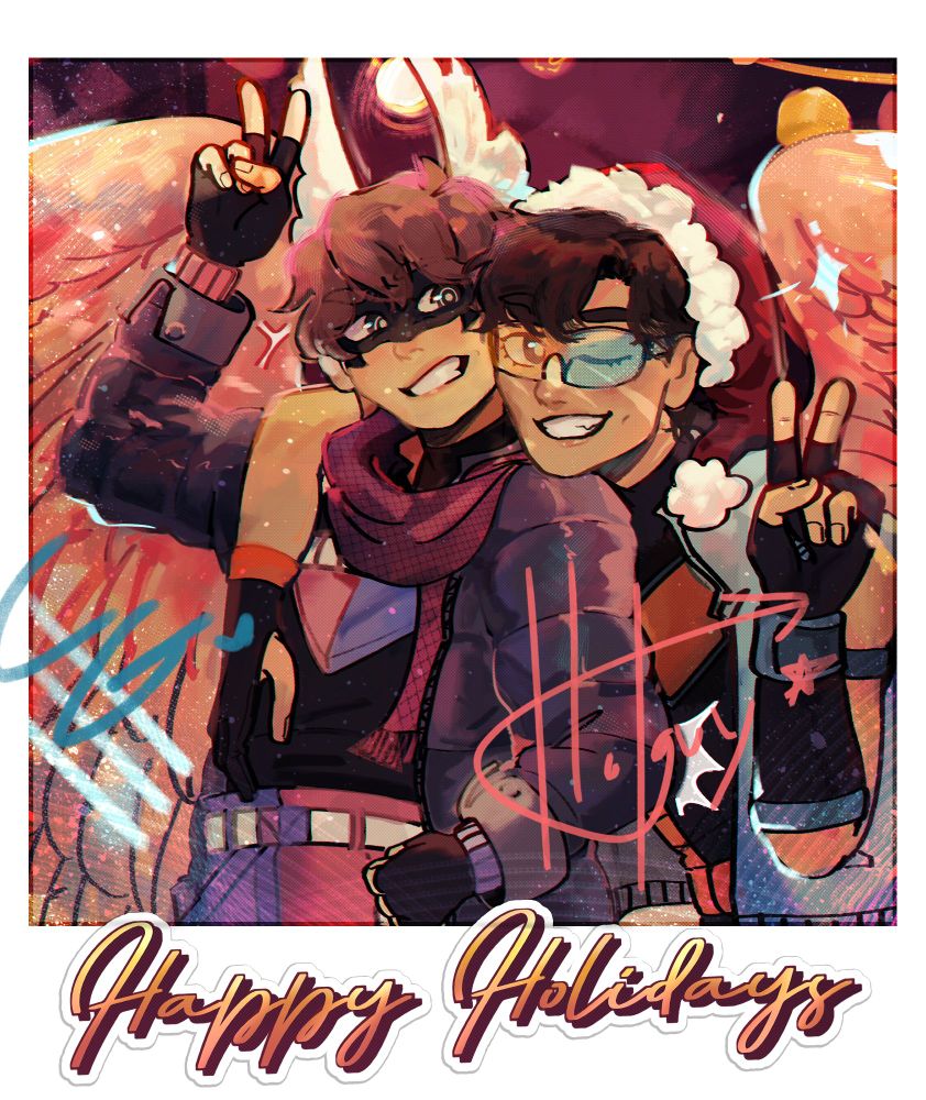 Polaroid photo of Cuteguy and Hotguy wearing winter clothes and making peace signs.