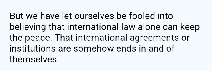 Quote from Kemi Badenoch speech saying UK has been fooled into believing international law alone can keep the peace.