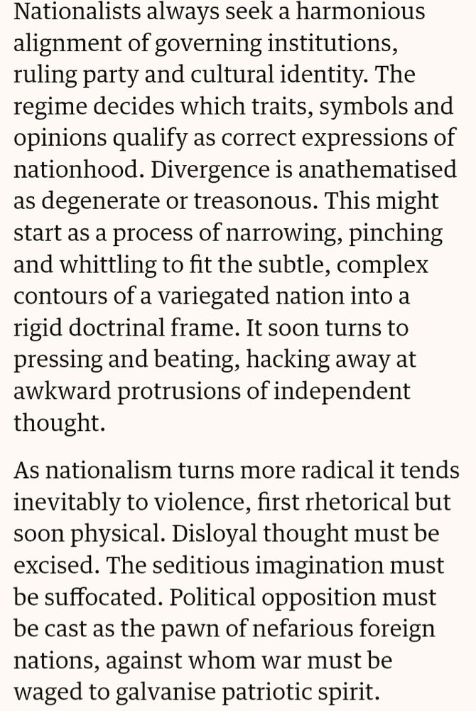 Screenshot excerpt from Guardian column describing the way nationalism tends towards violence by insisting on ever narrower prescriptions of political loyalty and cultural identity.