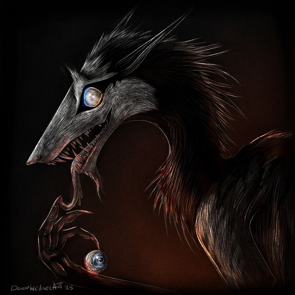 Dark stylized scratchboard style illustration of a fuzzy creature with large sharp teeth and glowing eyes holding an eyeball and licking blood drips from his claws.

ArtFight attack for Remmitant