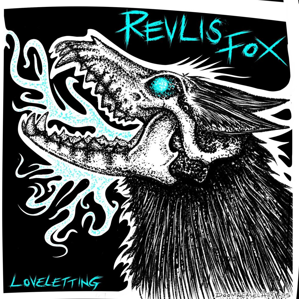 Digital headshot of a canine with a skull head and glowing blue eyes. Blue mist is emanating from their mouth.

Text reads: "RevlisFox" (top right) Loveletting (bottom left)

Artfight attack for RevlisFox 