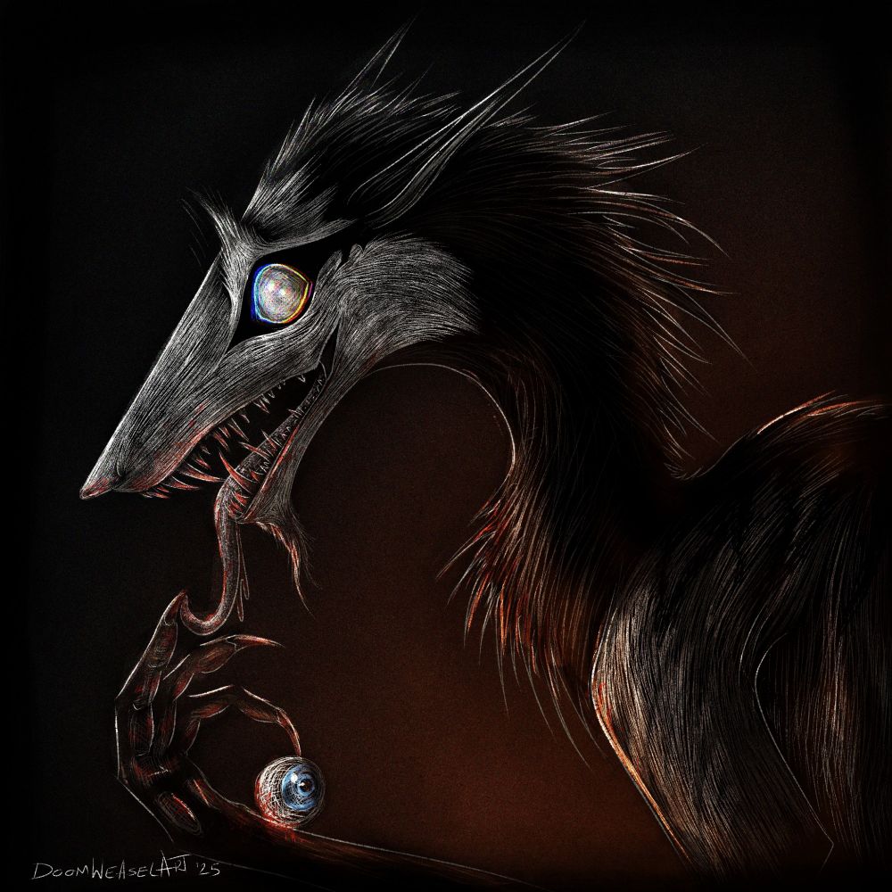 Dark stylized scratchboard style illustration of a fuzzy creature with large sharp teeth and glowing eyes holding an eyeball and licking blood drips from his claws.

ArtFight attack for Remmitant