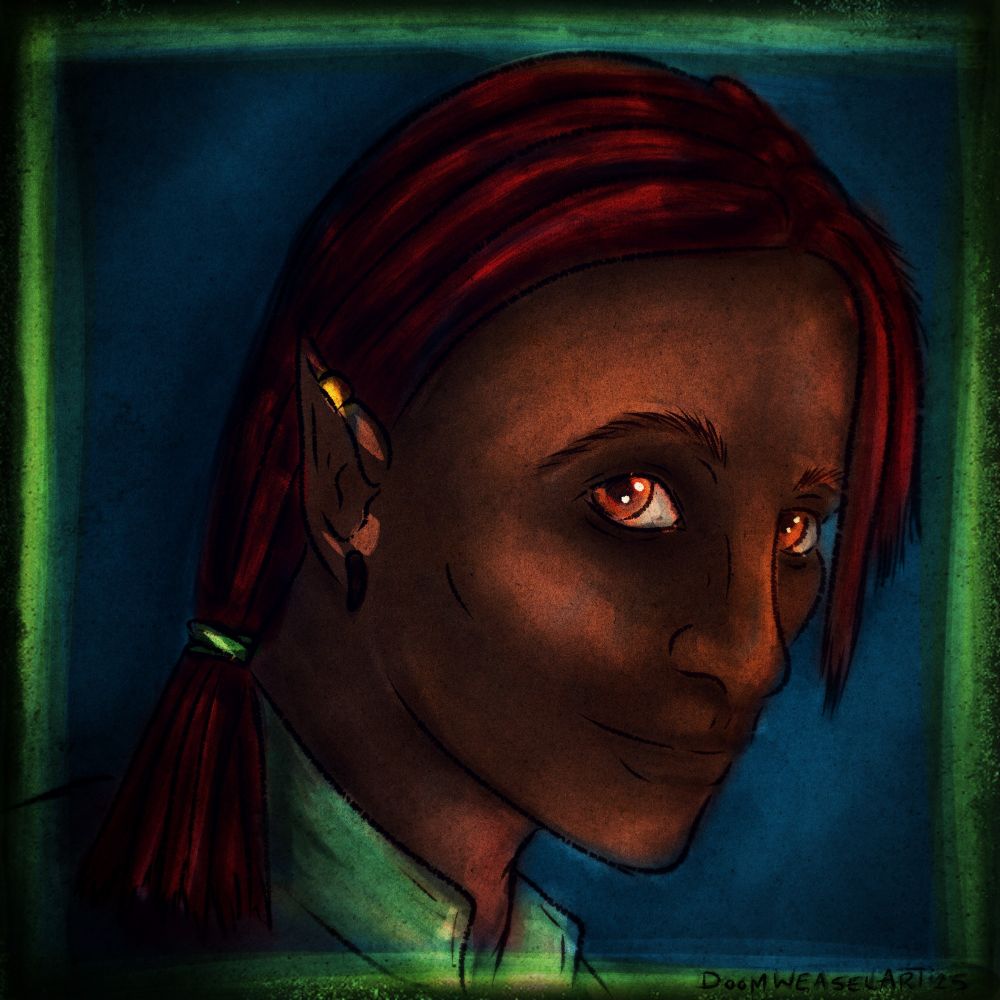 Digital portrait / headshot of a rogue elf male with long red hair and ear piercings

ArtFight attack for CTGraphy