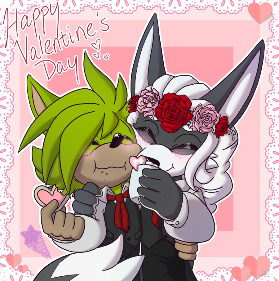 Two Sonic the Hedgehog style characters, a green hedgehog with wild bangs and in a barista outfit eating a heart shaped cookie while cuddling a black jackal with white hair in a braid, wearing a flower crown and barista outfit while drinking something. They both look extremely happy, and it says Happy Valentine's Day above them.