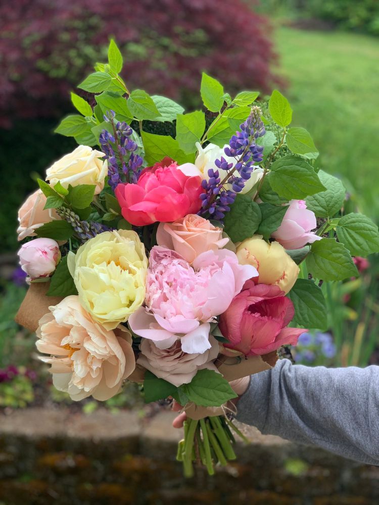 a large bouquet of peonies and sprigs of spring flowers is held up against a blurry backyard