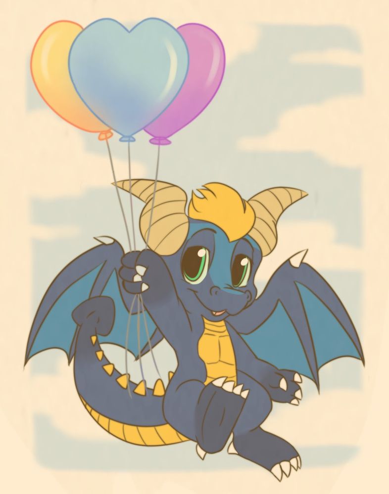 Kyan, a blue and golden western-style dragon, holds three heart shaped balloons that give him flight to the clouds