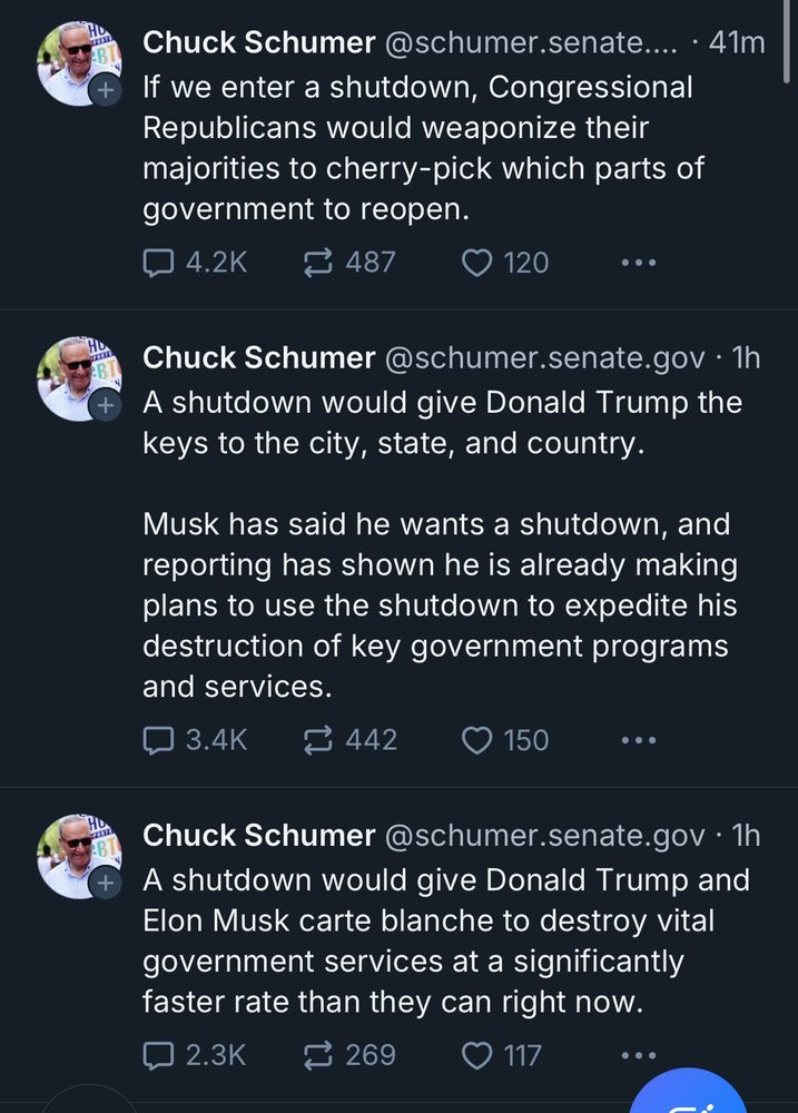 Chuck Schumer posts, defending voting for the current GOP spending bill, getting ratio’d by commenters. 