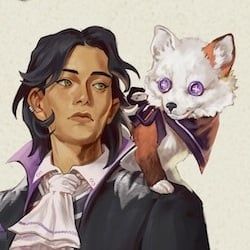 OG picture of the critical role character occtis tachonis and his familiar (?) fox pincushion 