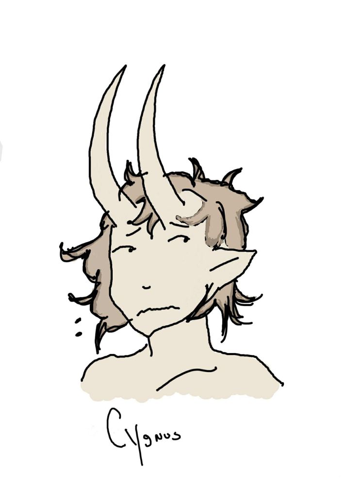 Drawn picture of a pale tiefling with long straight horns sticking out of their forehead with short, shaggy, tumbleweed colored hair