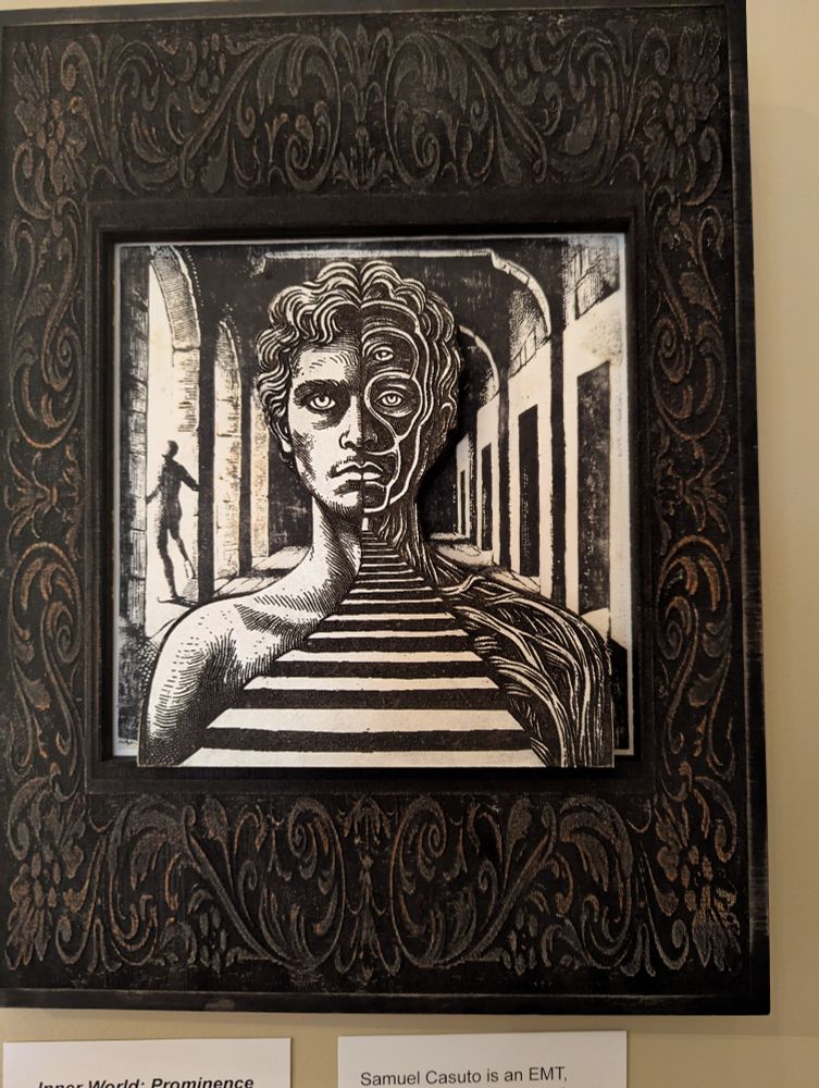 Multimedia piece of a man with multiple eyes and stairs ect 
