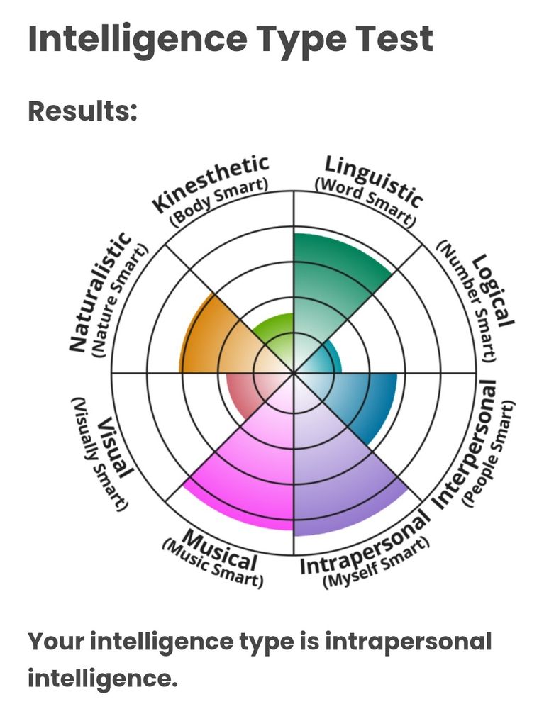Idr labs intelligence type test results:
Intrapersonal was highest