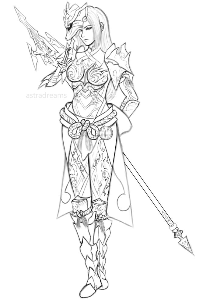 Full body sketch of Shenhe from Genshin Impact in her combat pose whilst wearing odogaron armour pieces from monster hunter. 