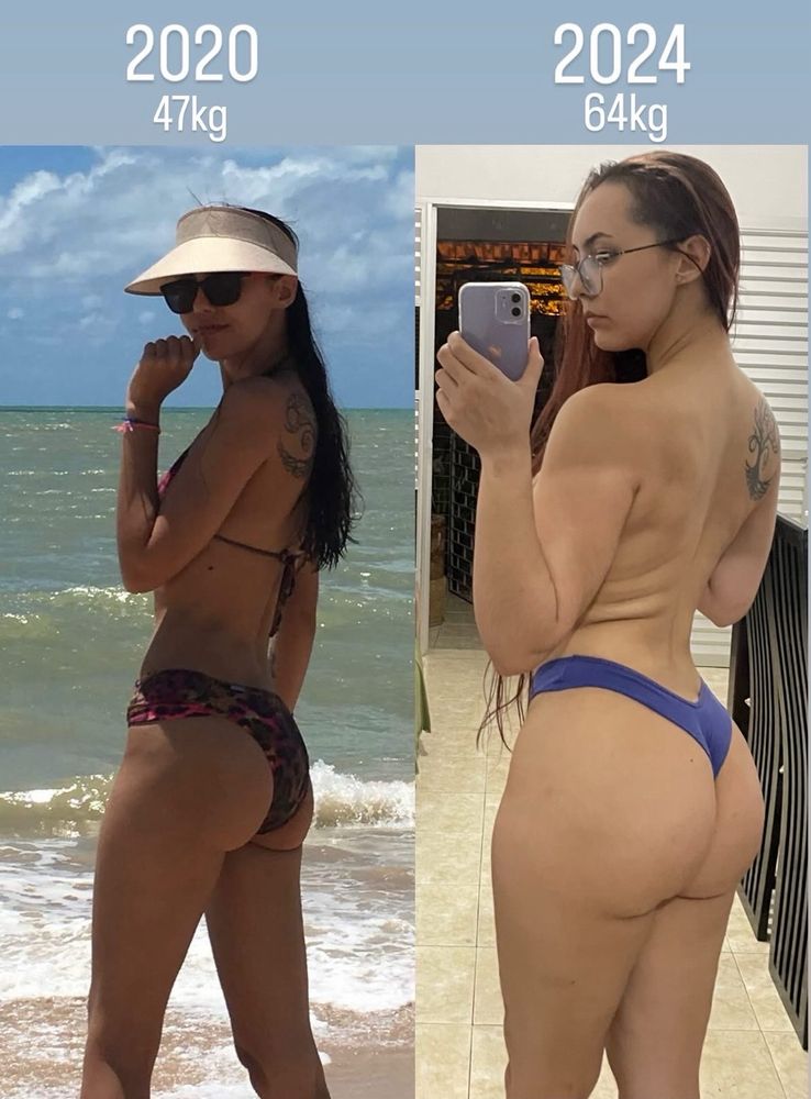 Duas fotos justapostas em poses quase iguais para comparar o ganho de peso ao longo de 4 anos, saindo da subnutrição para um corpo saudável