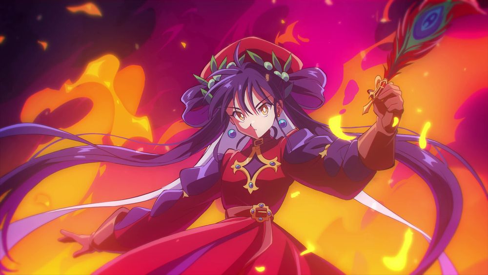 A screenshot of Dante's spell animation from the game Hell Maiden showing her performing her signature spell, Dante's Inferno. She holds a quill in her hand as flames rise behind her.